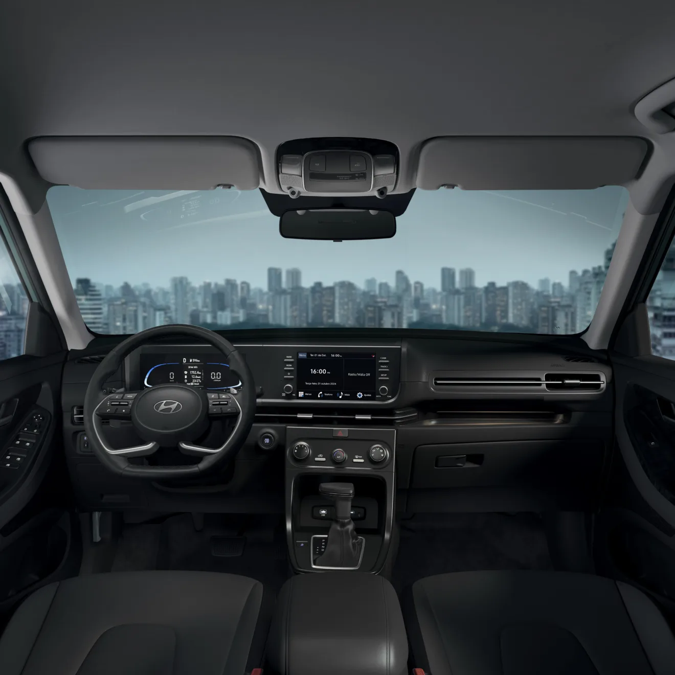 Interior do Hyundai Creta Comfort mostra o quadro de instrumentos digital, o multimídia de oito polegadas e os bancos em tecido