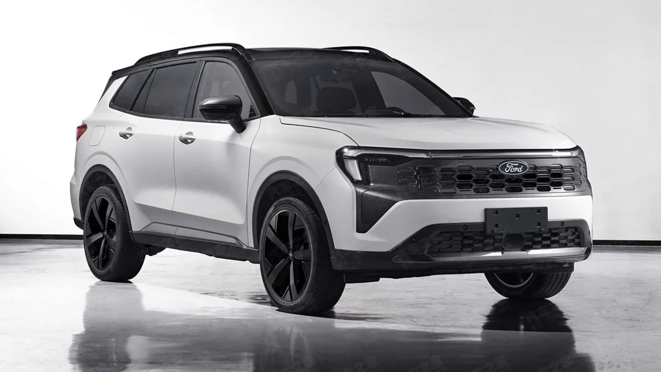 Ford Territory branco com detalhes pretos parado em um estúdio branco