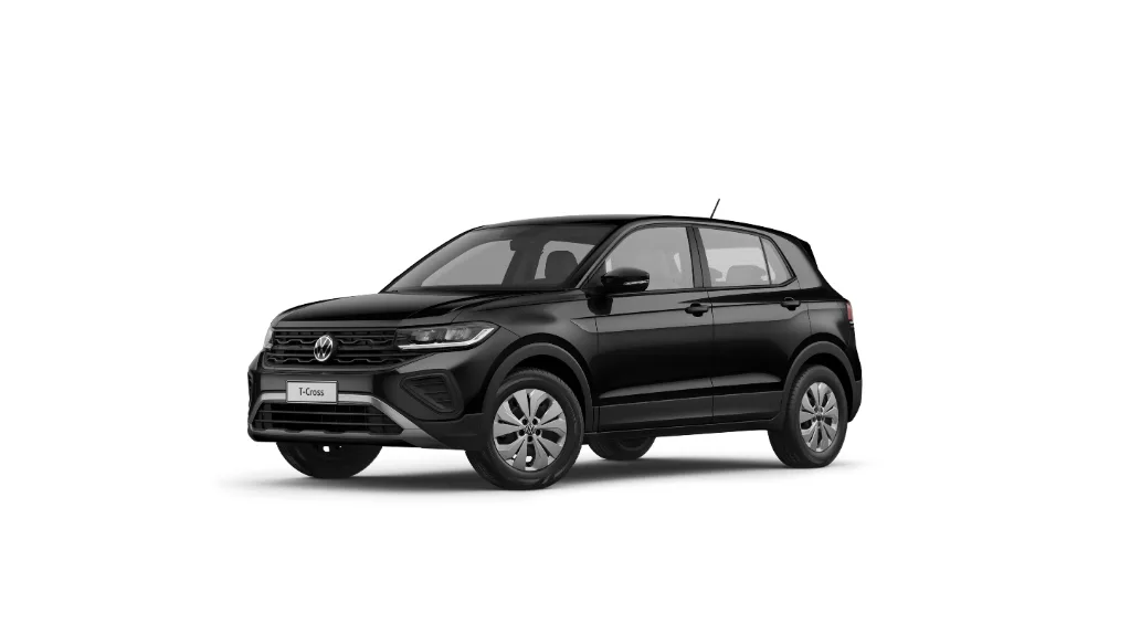 Volkswagen T-Cross Sense preto parado de frente com fundo branco