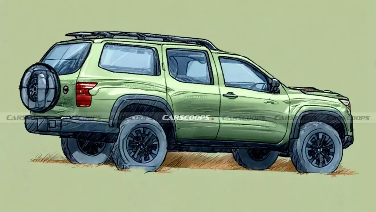 Projeção do futuro SUV off-road da Nissan, pintado de verde e visto de trás