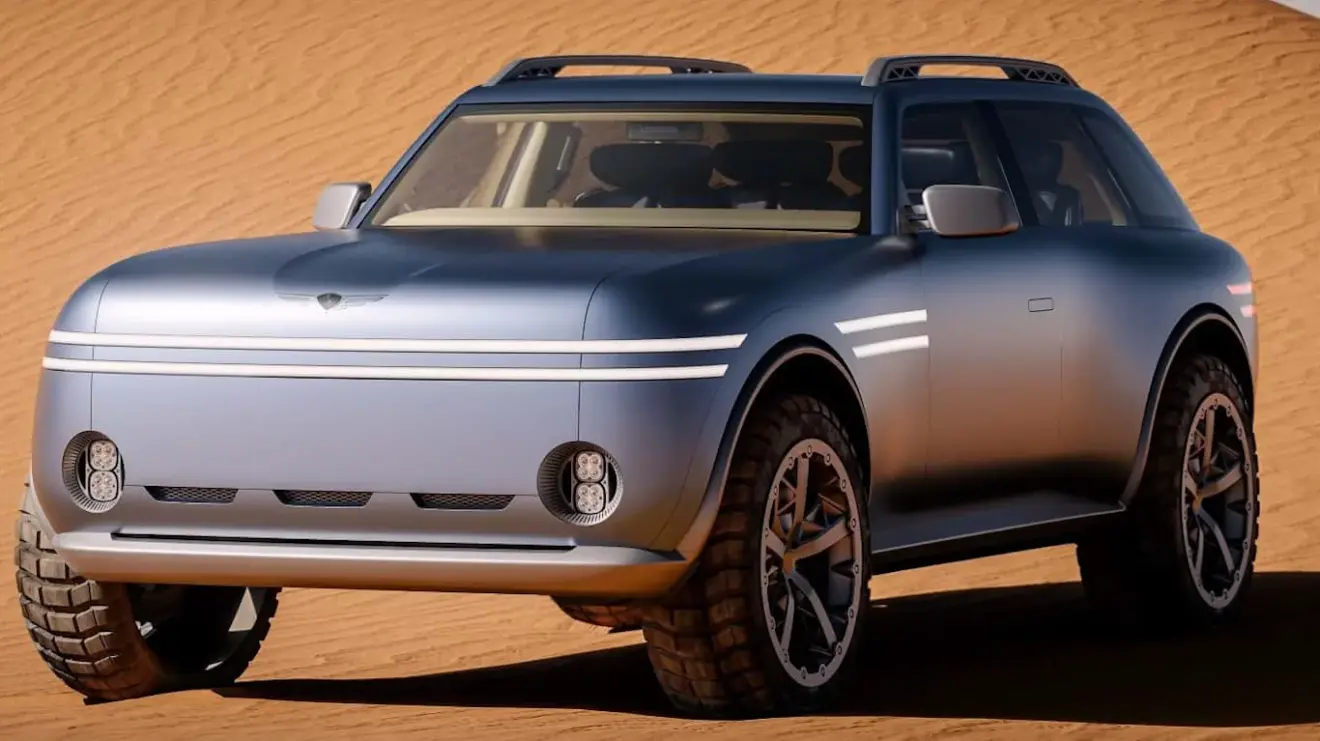 Genesis X Gran Equator cinza, com faróis acesos, visto de lado