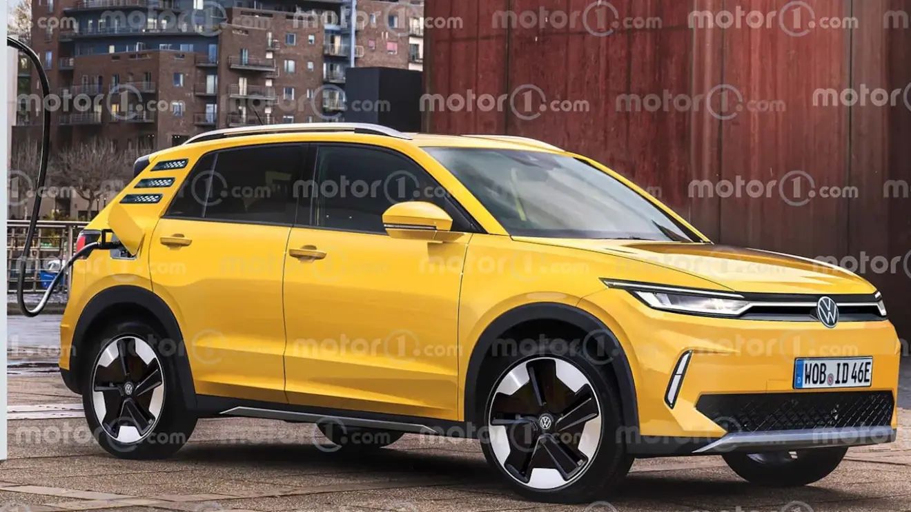 Projeção do futuro Volkswagen ID.2X amarelo com detalhes pretos, visto de lado