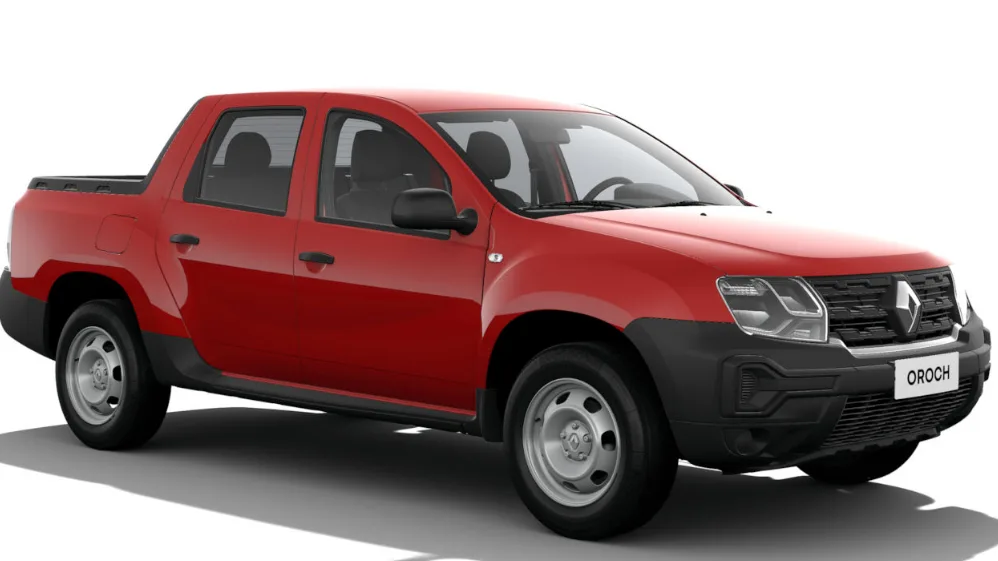 Picape Renault Oroch Pro vermelha com partes pretas, vista de lado e com fundo branco