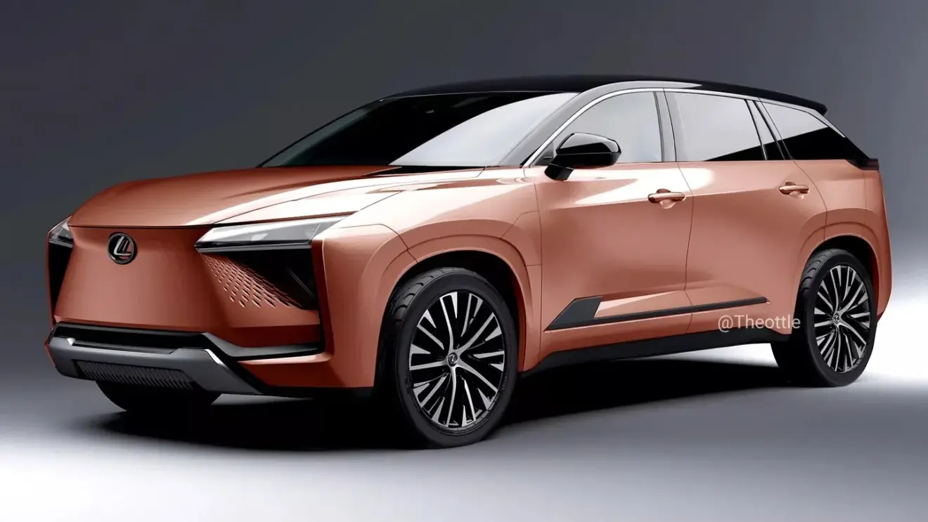 Projeção do futuro SUV grande da Lexus, pintado de salmão com detalhes pretos e visto de lado