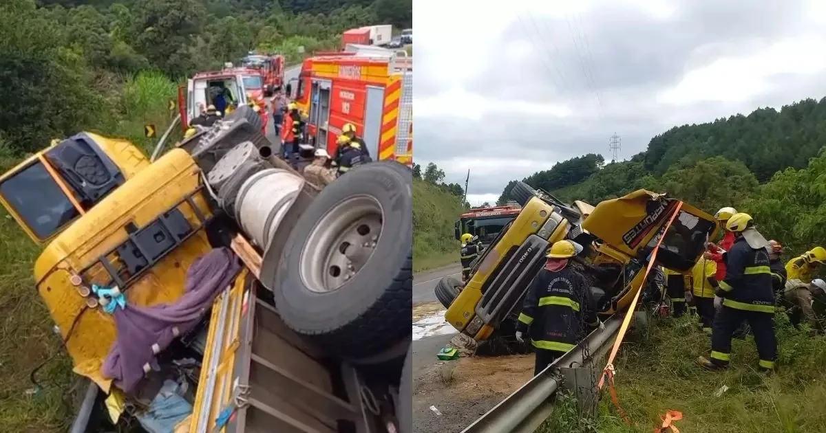 Caminhão destruído após acidente na SC-418