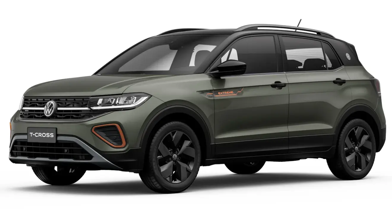 Volkswagen T-Cross Extreme cinza esverdeado com detalhes pretos e laranja, visto de lado