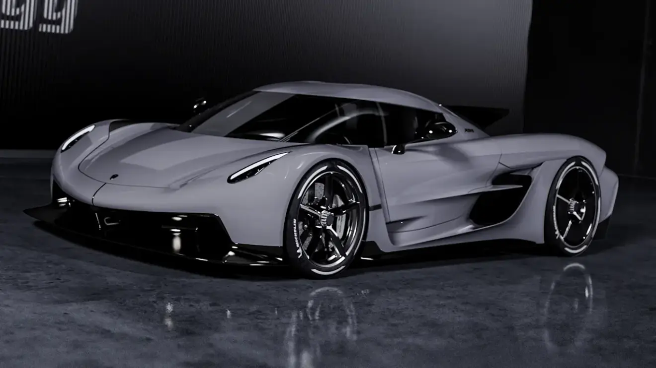 Koenigsegg Jesko Absolut cinza com partes pretas, visto de lateralmente e com fundo escuro