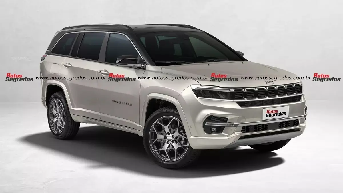 Projeção da dianteira do Jeep Commander Overland 2026 pintado de prata com detalhes pretos