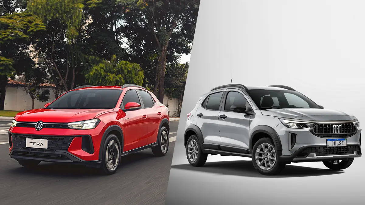 Montagem com Volkswagen Tera vermelho e Fiat Pulse prata, vistos de frente
