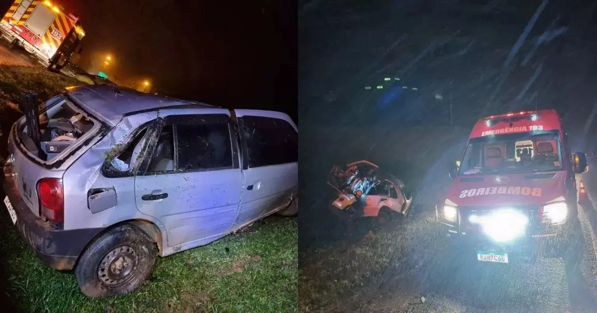 Volkswagen Gol prata destruído após acidente e ambulância ao lado