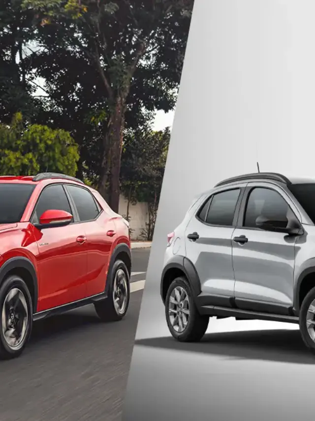 Montagem com Volkswagen Tera vermelho e Fiat Pulse prata, vistos de frente
