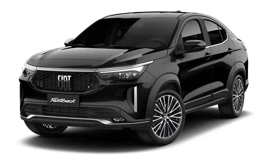 Fiat Fastback Limited Edition T270 preto, visto de lado e com DRL's acesos