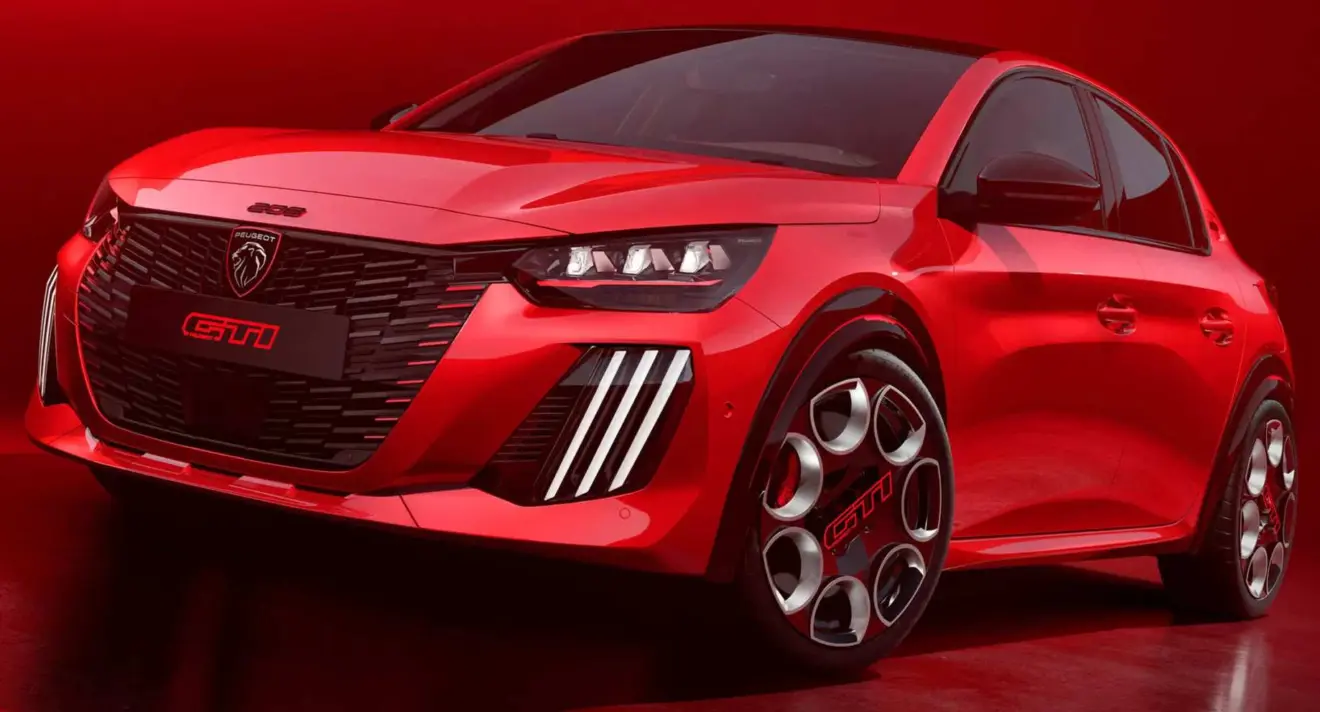 Peugeot e-208 GTI vermelho parado de frente com fundo vermelho