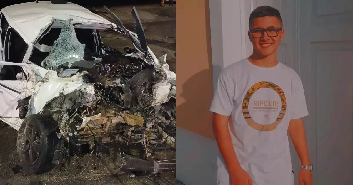 Montagem com carro destruído após acidente na BR-280 e vítima fatal