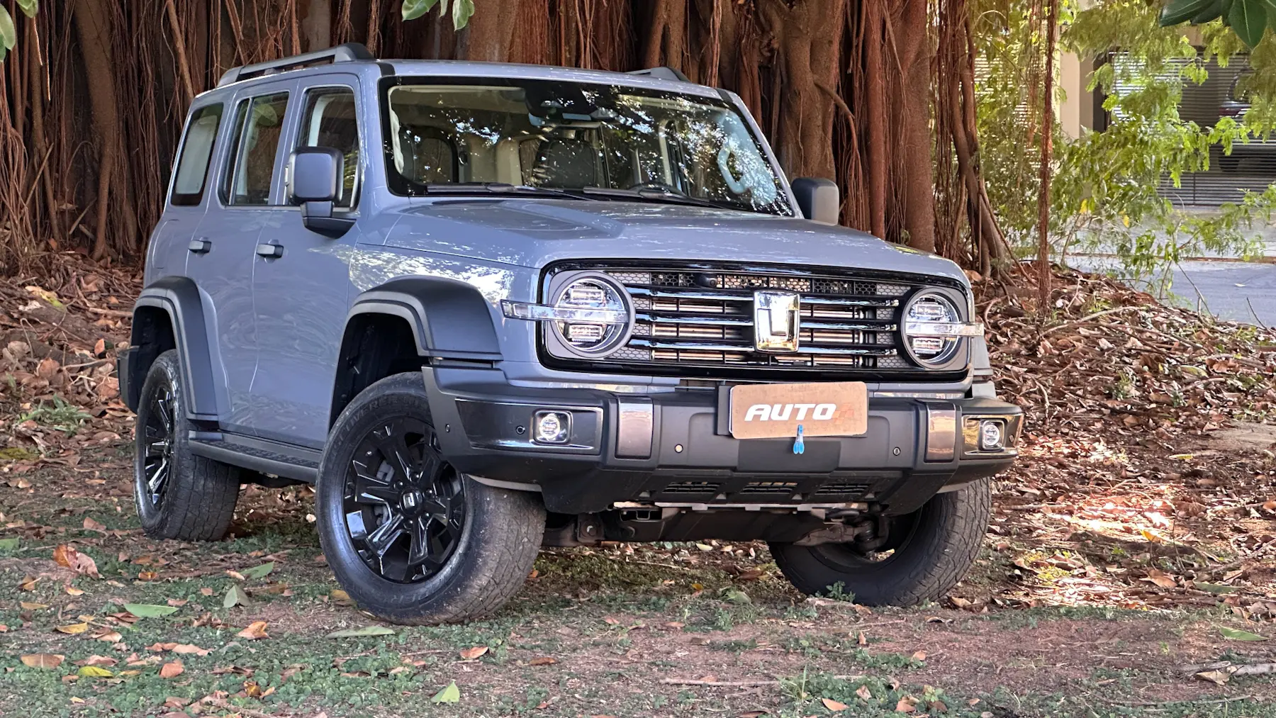 GWM Tank 300 cinza em frente a uma árvore enorme