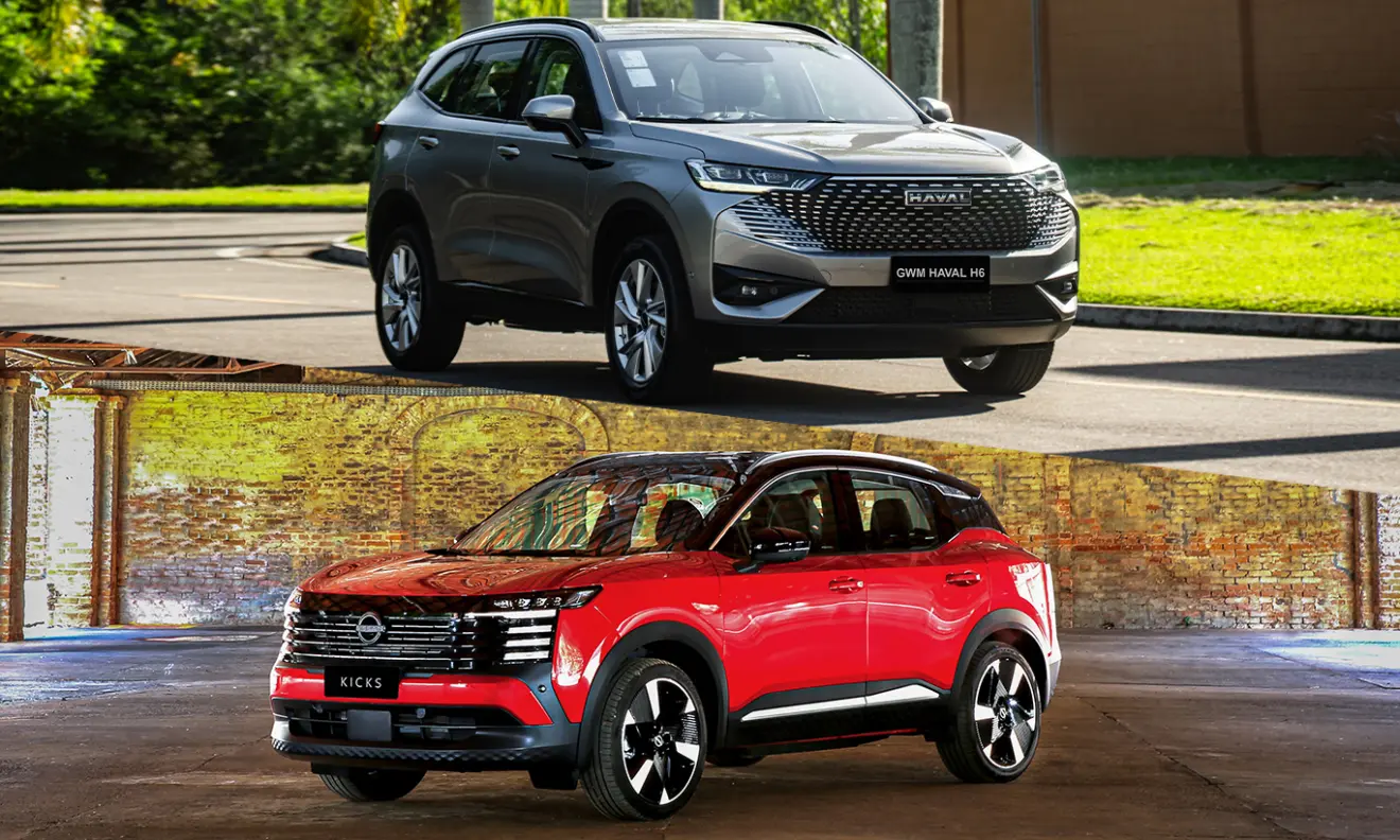 Montagem com novo Nissan Kicks vermelho e GWM Haval H6 One cinza