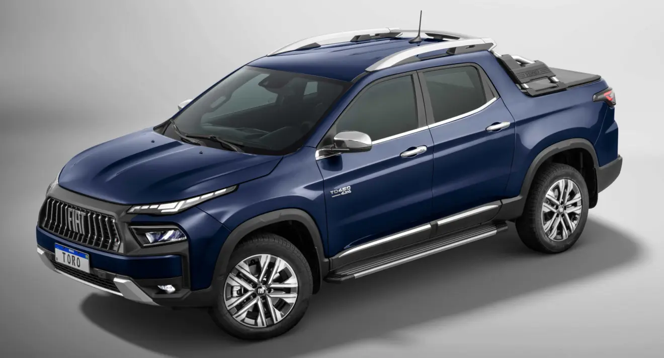 Fiat Toro Ranch 2026 azul vista do alto com fundo neutro