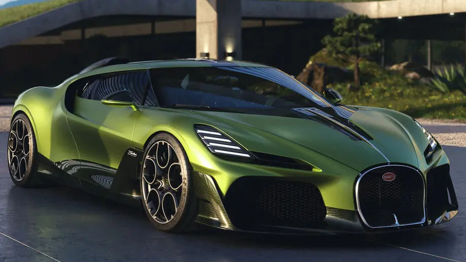 Bugatti Brouillard verde visto de frente e com faróis acesos