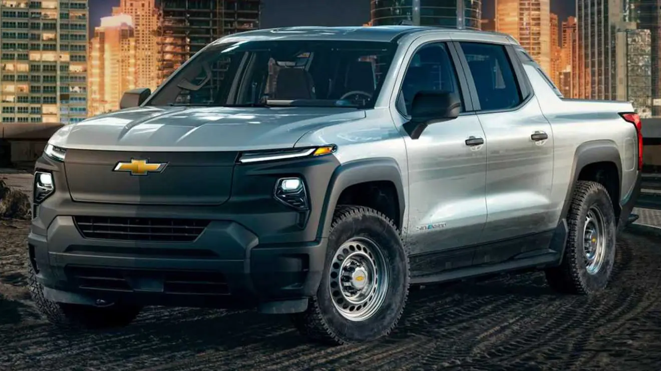 Chevrolet Silverado elétrica WT prata com DRL's acesos e vista de frente