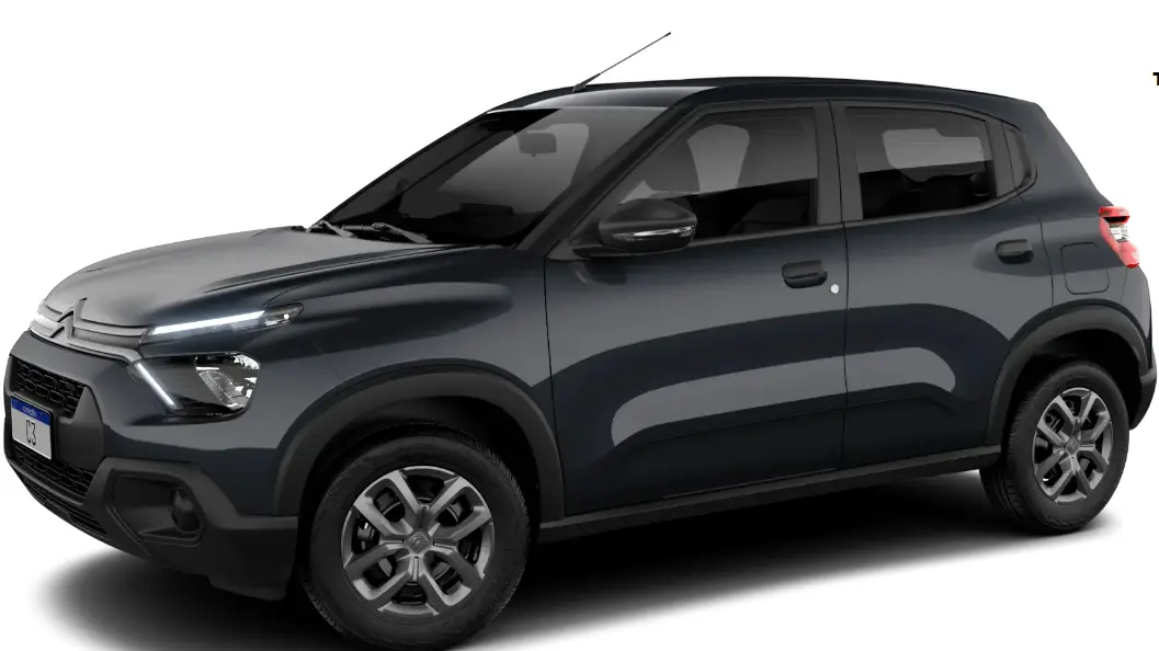 Citroën C3 Live 2026 preto, visto de lado e com DRL's acesos