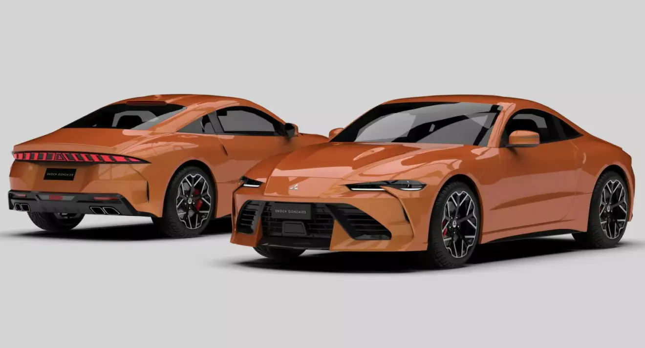 Projeto do novo Mitsubishi Eclipse laranja parado de lateral com fundo neutro