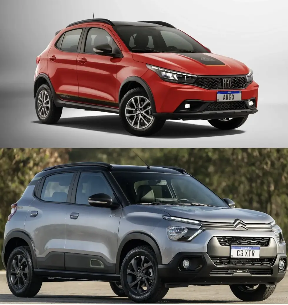 montagem com Fiat Argo Trekking vermelho e Citroën C3 XTR