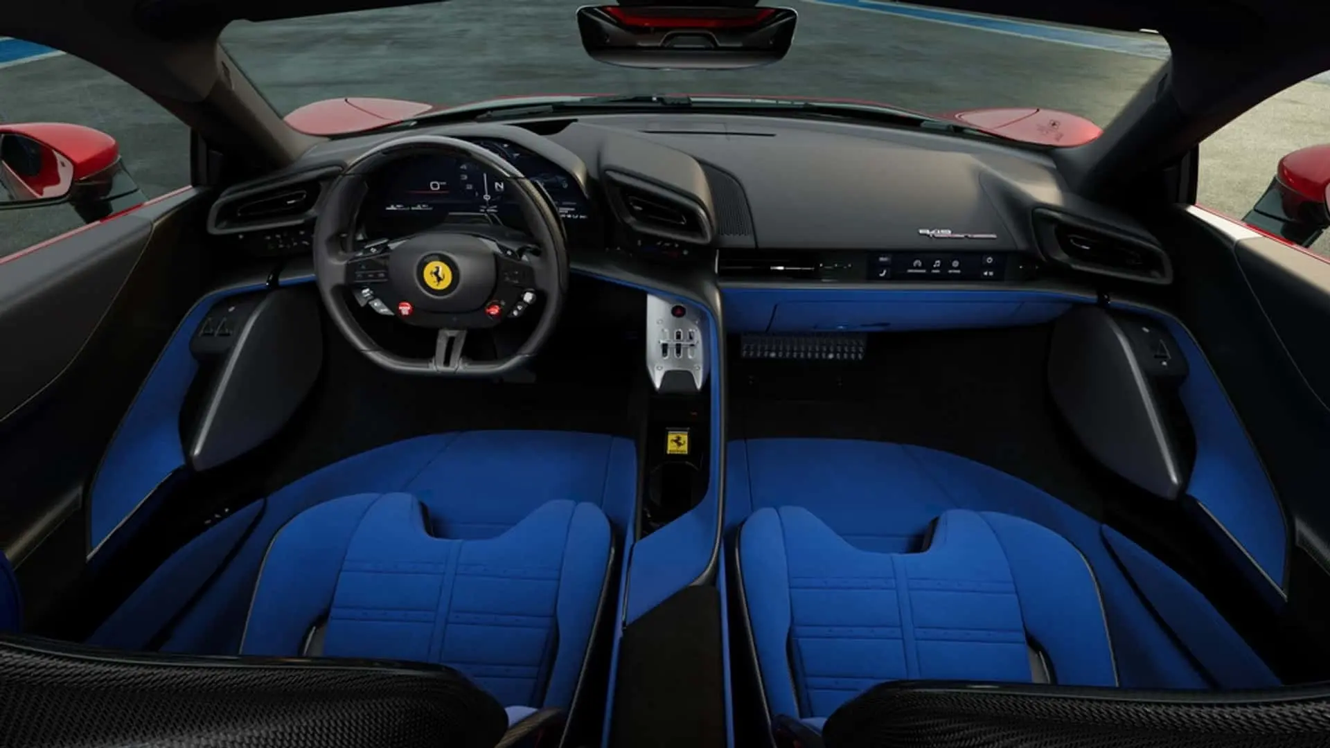 Interior azul da Ferrari 849 Testarossa. Fabricante irá voltar com os botões físicos