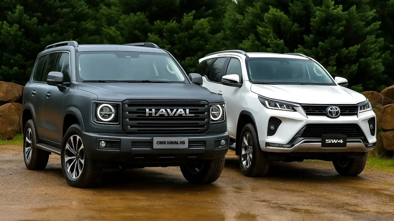 Toyota SW4 branca e GWM Haval H9 cinza na lama juntos em foto produzida por IA