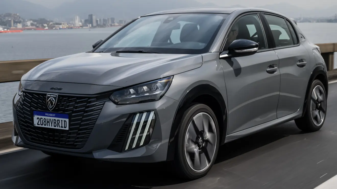 Peugeot 208 GT T200 Hybrid 2026 cinza visto de frente e com DRL's acesos