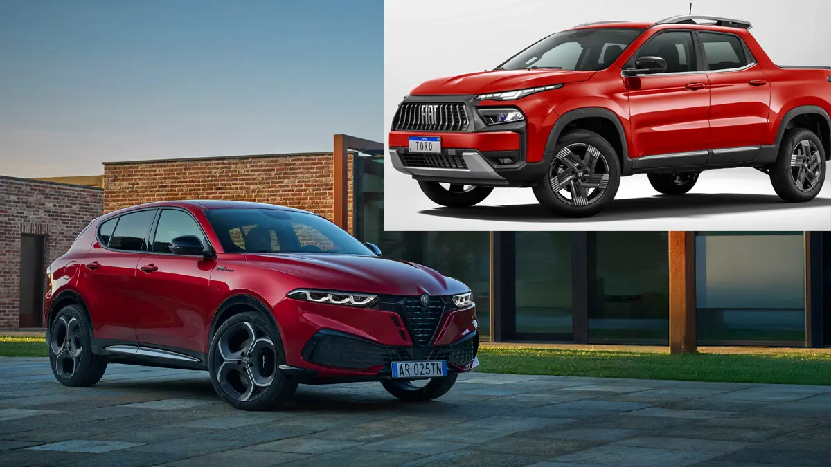 Alfa Romeo Tonale vermelho em uma casa bonita e Fiat Toro vermelha em um canto em um quadro branco