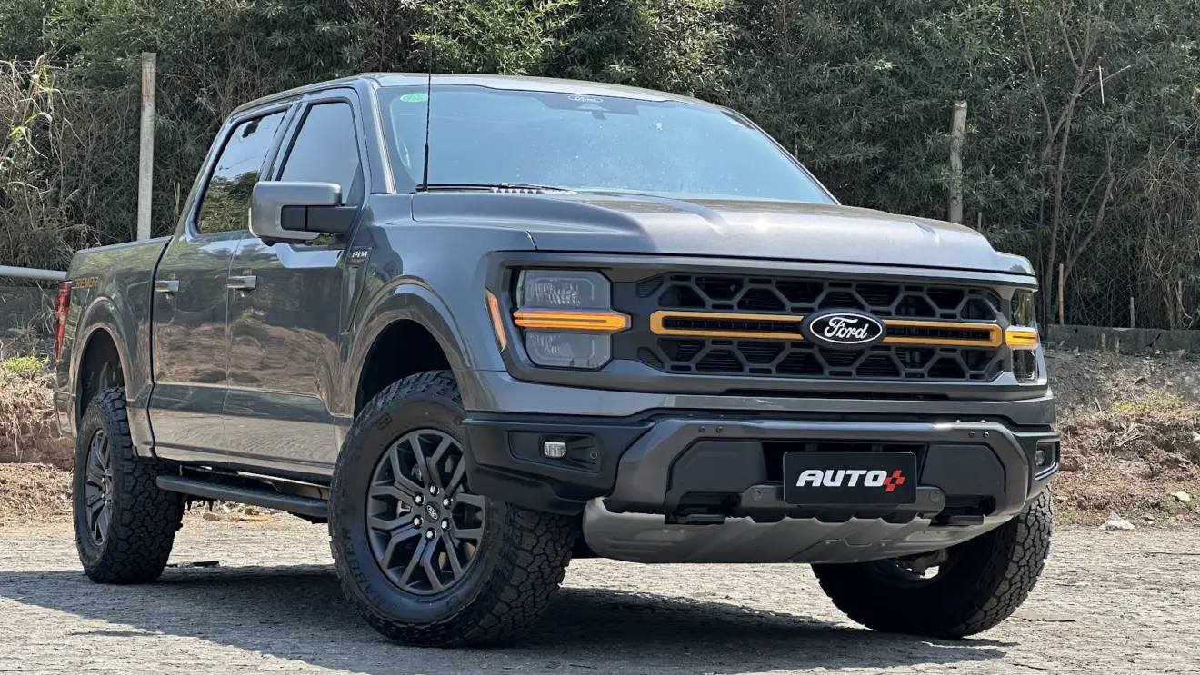 Ford F-150 Tremor cinza parada de frente com árvores ao fundo