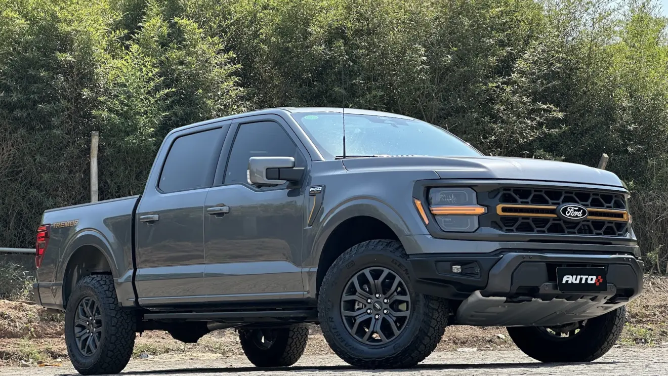 Ford F-150 Tremor cinza parada de frente com árvores ao fundo