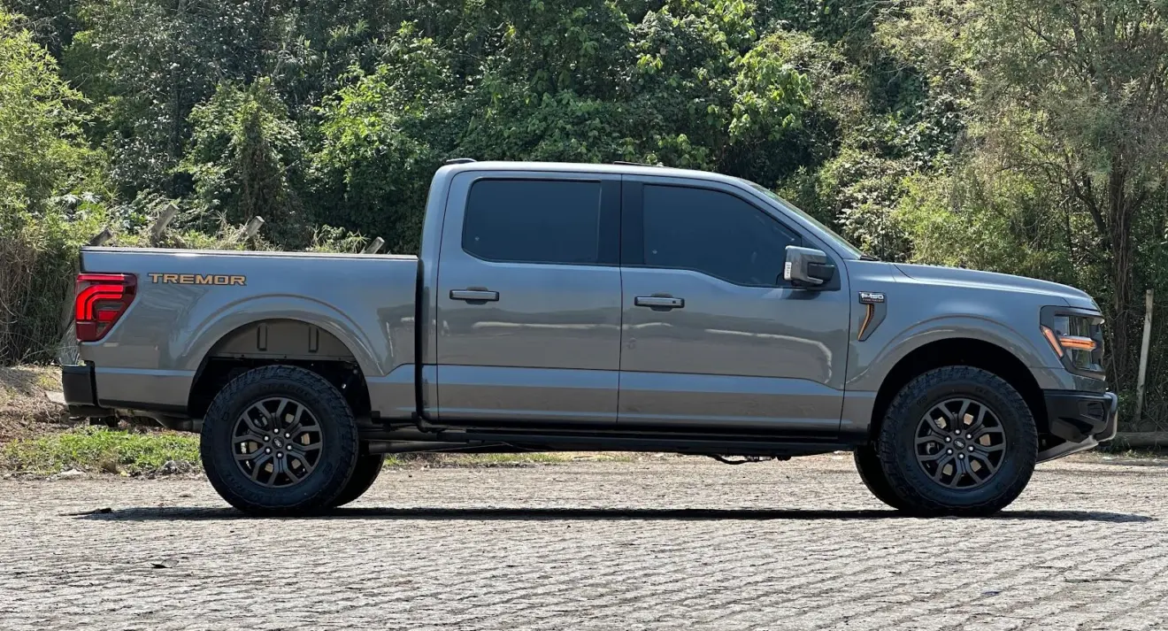 Ford F-150 Tremor cinza parada de lateral com árvores ao fundo