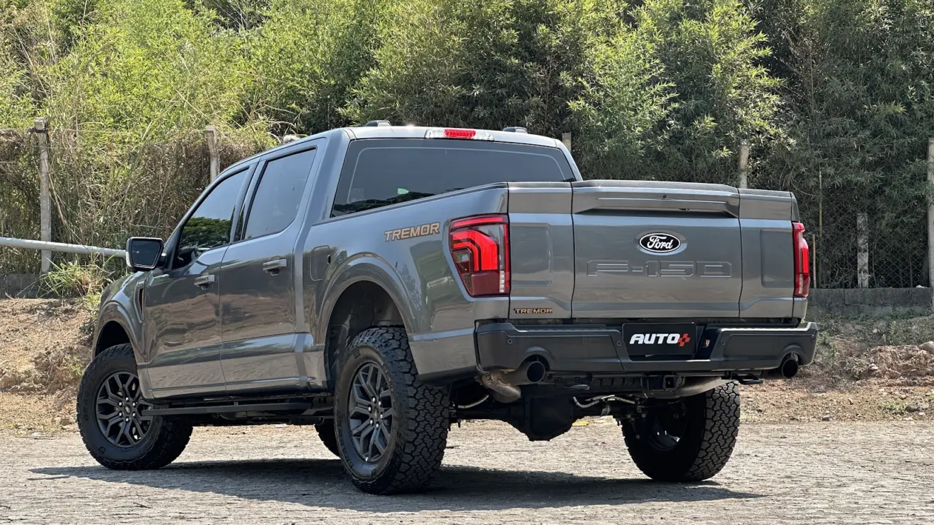 Ford F-150 Tremor cinza parada de traseira com árvores ao fundo