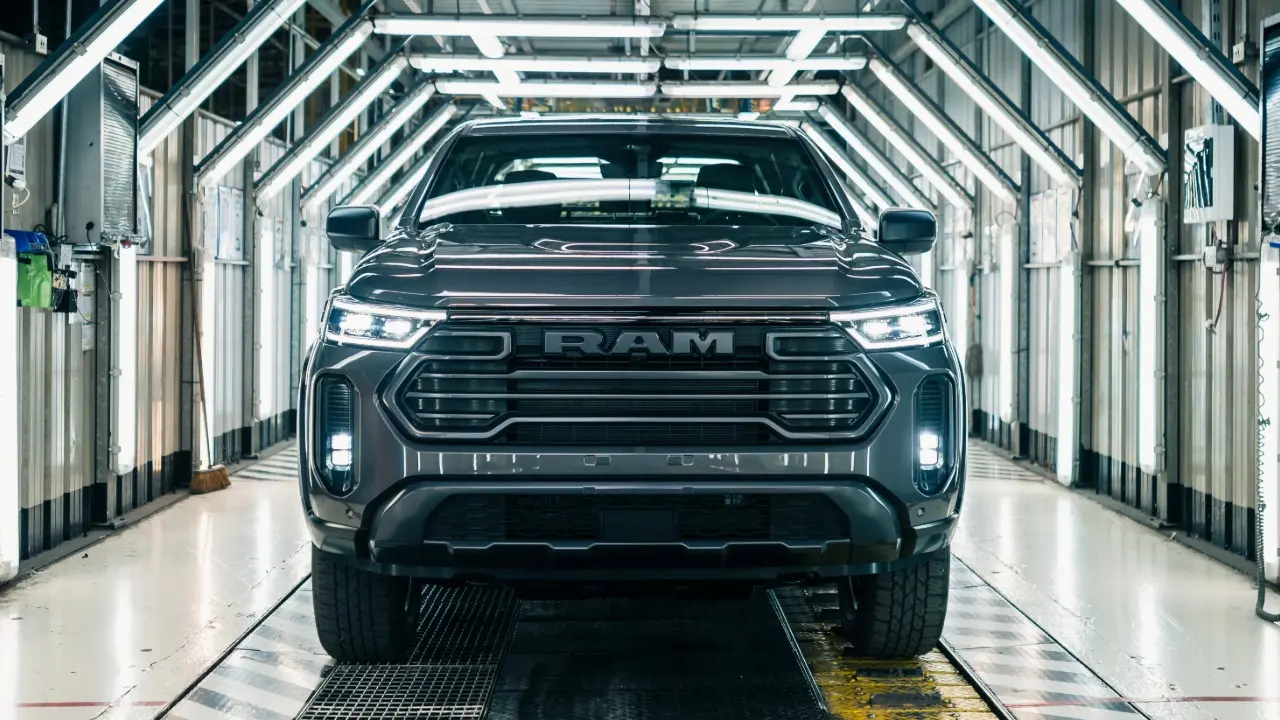 Ram Dakota estático cinza na fábrica da Stellantis