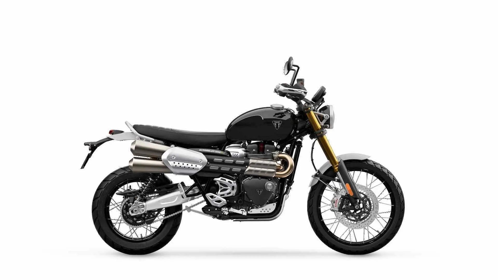 Motocicleta Triumph Scrambler preta parada lateralmente