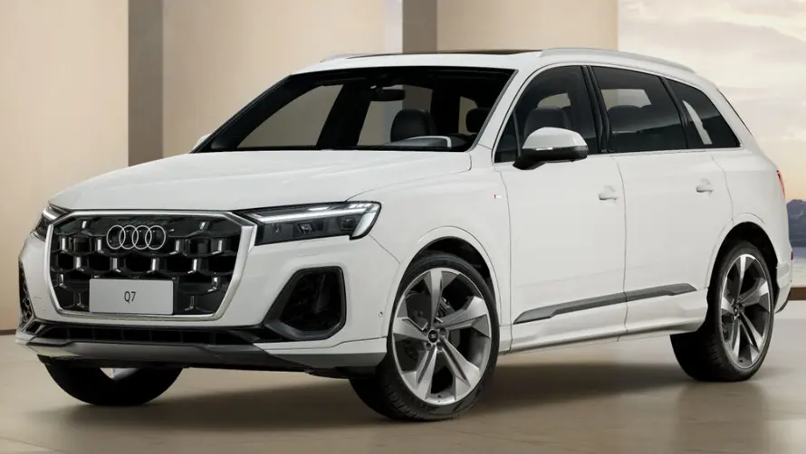 Audi Q7 S Line TFSI Quattro tiptronic branco visto de lado e com DRL's acesos