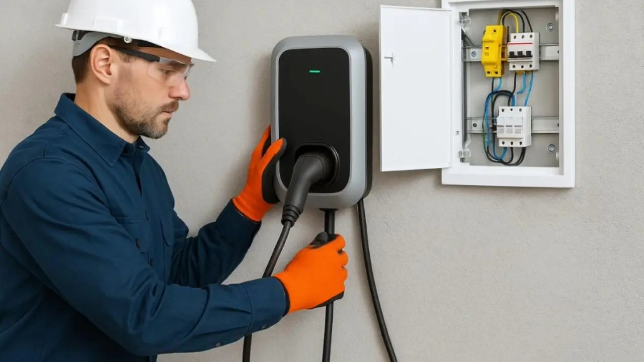 Homem instalando carregador de carro elétrico