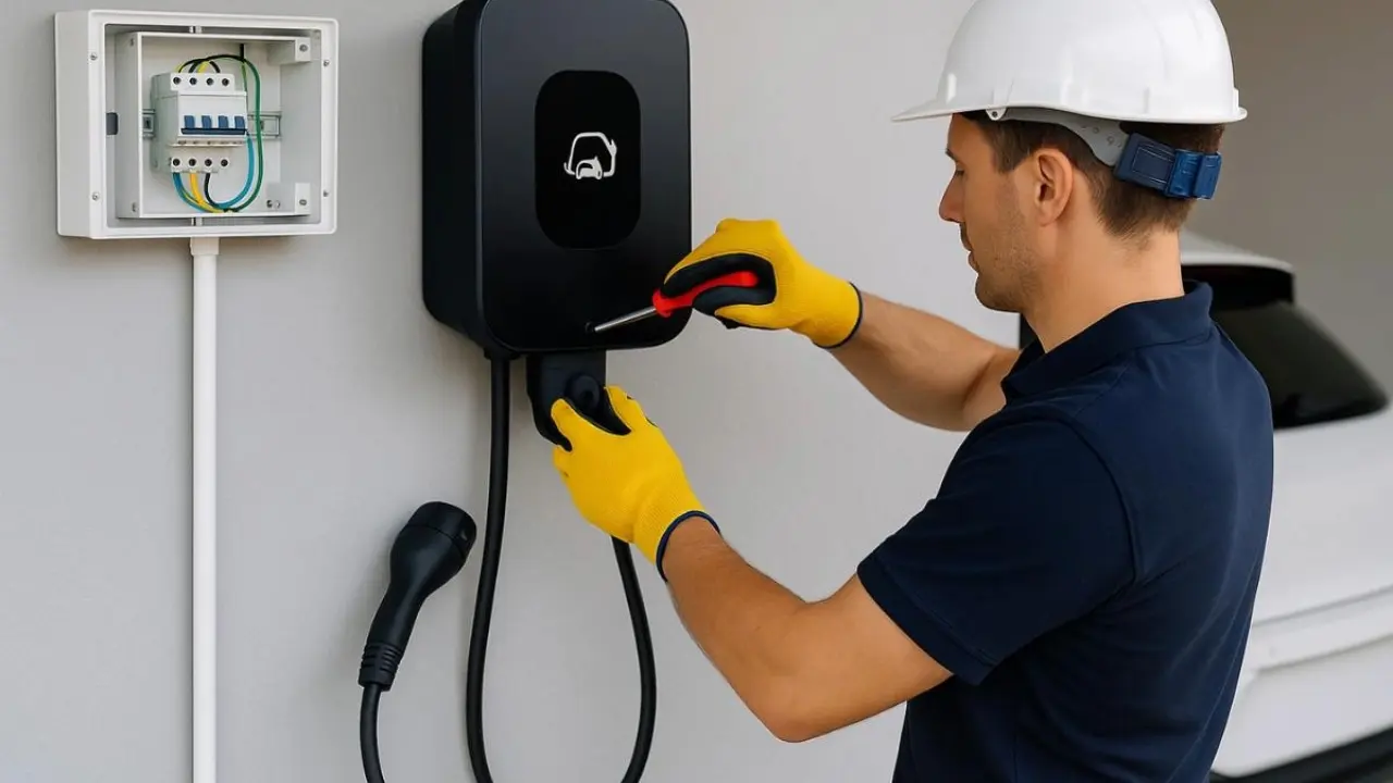 Homem instalando carregador de carro elétrico