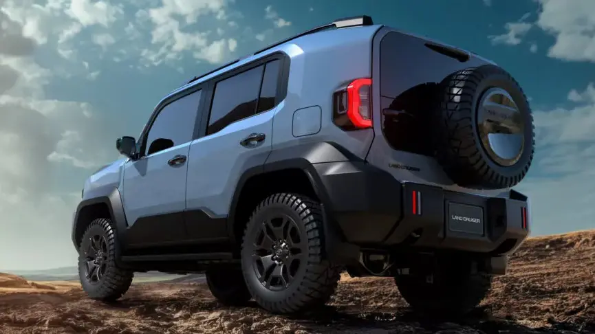 Toyota FJ Cruiser 2026 azul visto de baixo com lanternas acesas