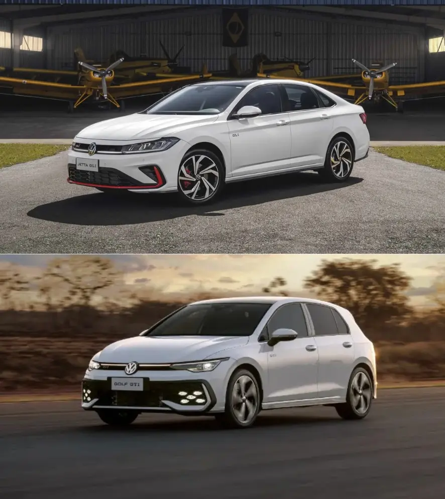 montagem com os Volkswagen Jetta GLI e Golf GTI brancos e vistos de frente