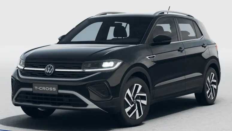 Volkswagen T-Cross Highline preto com faróis acesos e visto de frente