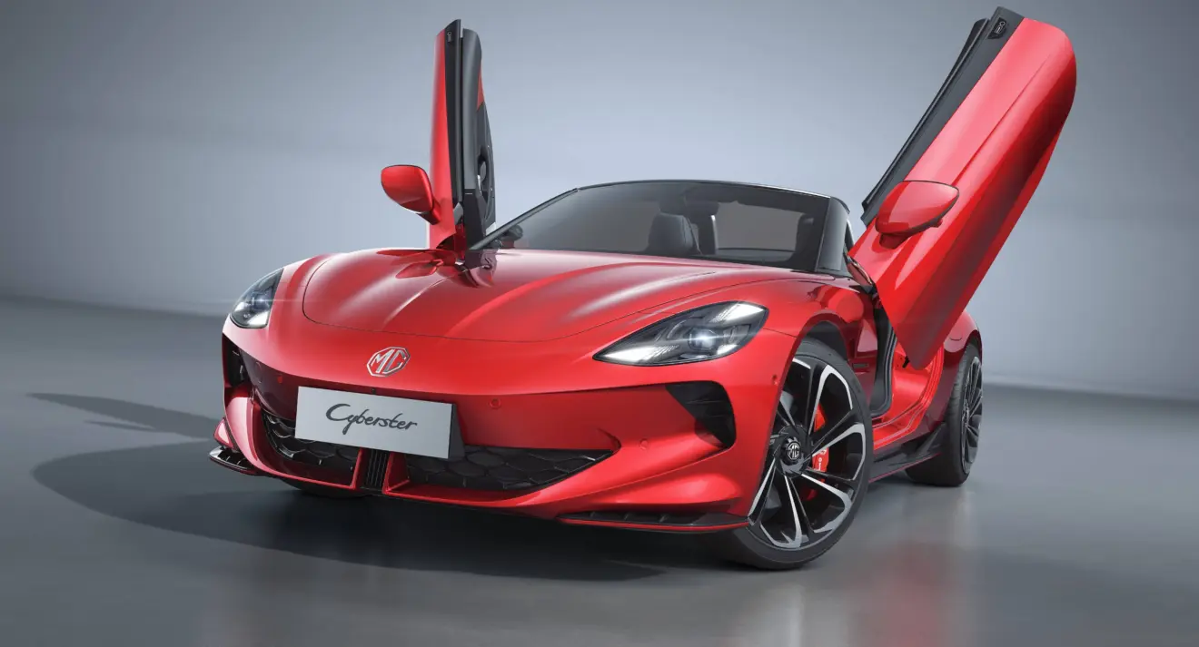 MG Cyberster vermelho parado de frente com as portas verticais abertas