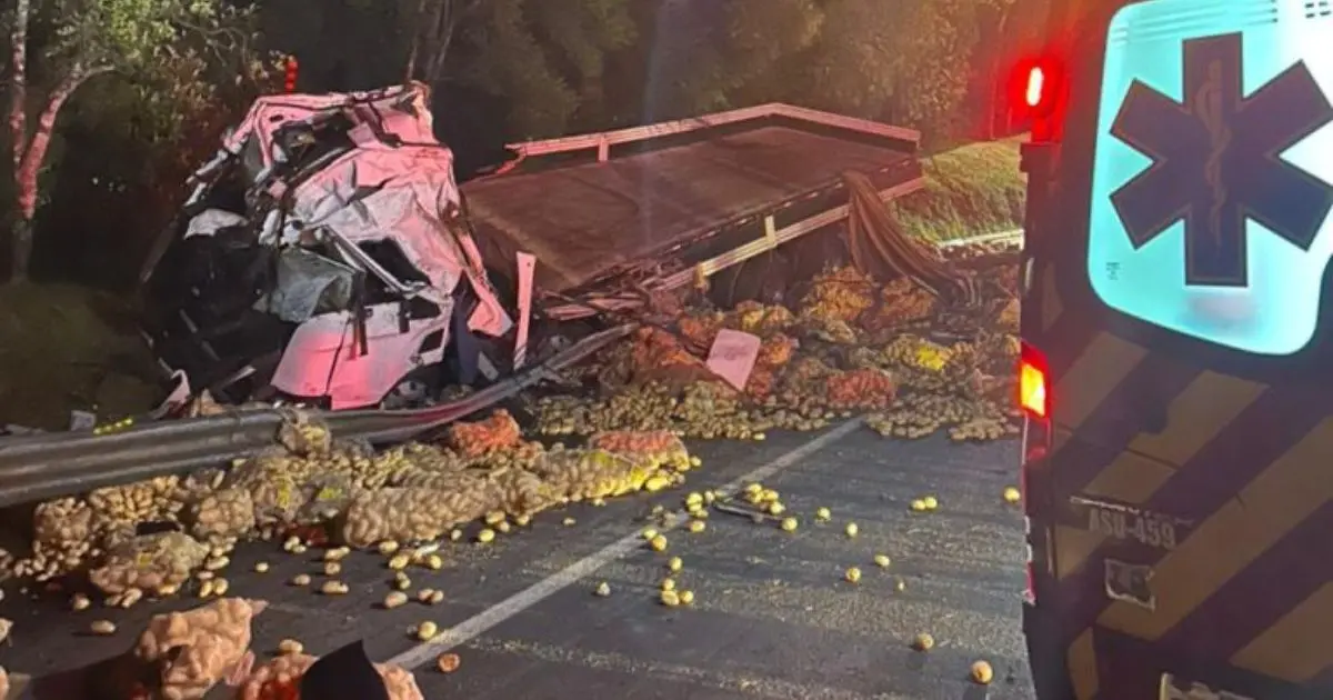 caminhão destruído após acidente na BR-116