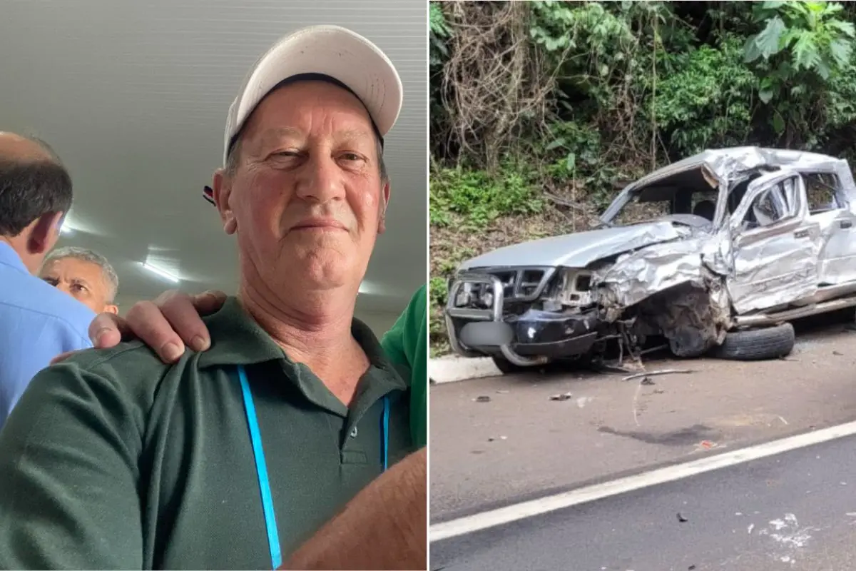 montagem com vítima fatal e carro destruído após acidente na BR-282