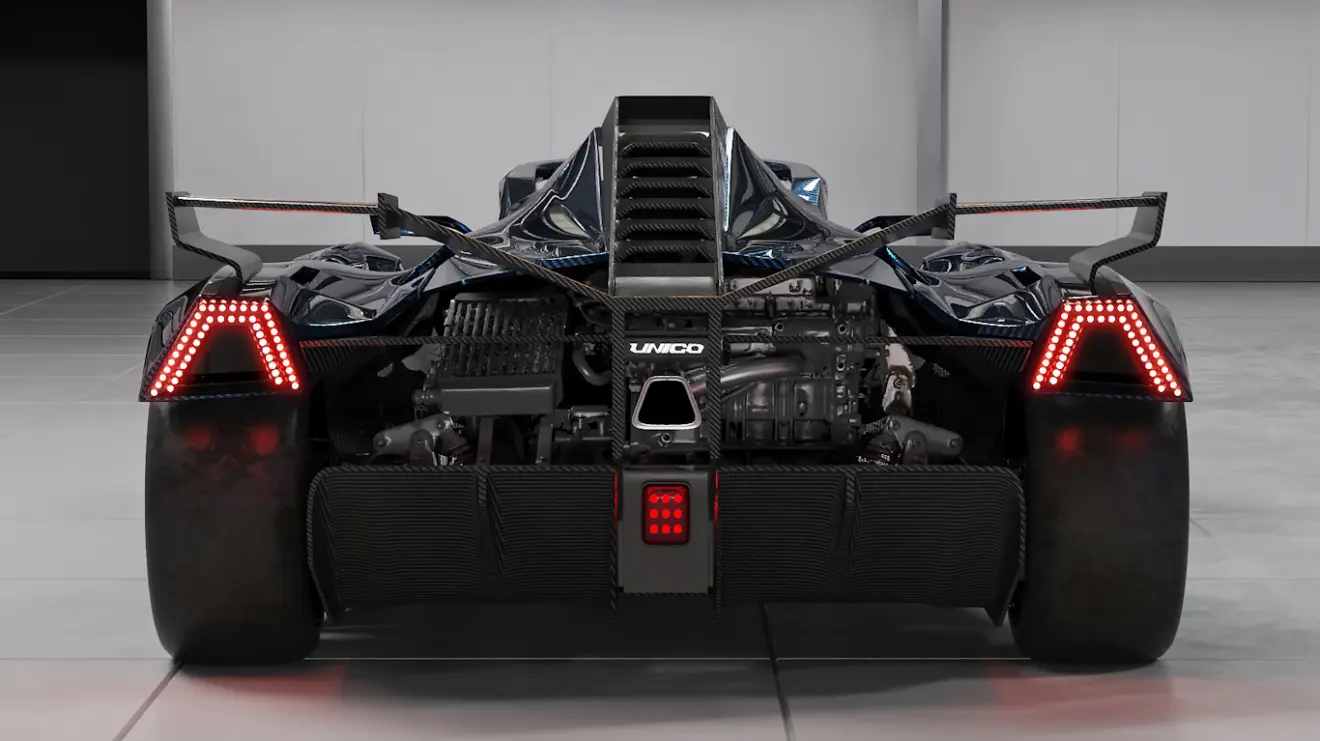 Esportivo Super Veloce Unico visto de trás e com lanternas acesas