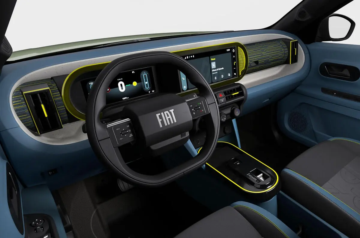 interior com telas ligadas do Fiat Grande Panda elétrico