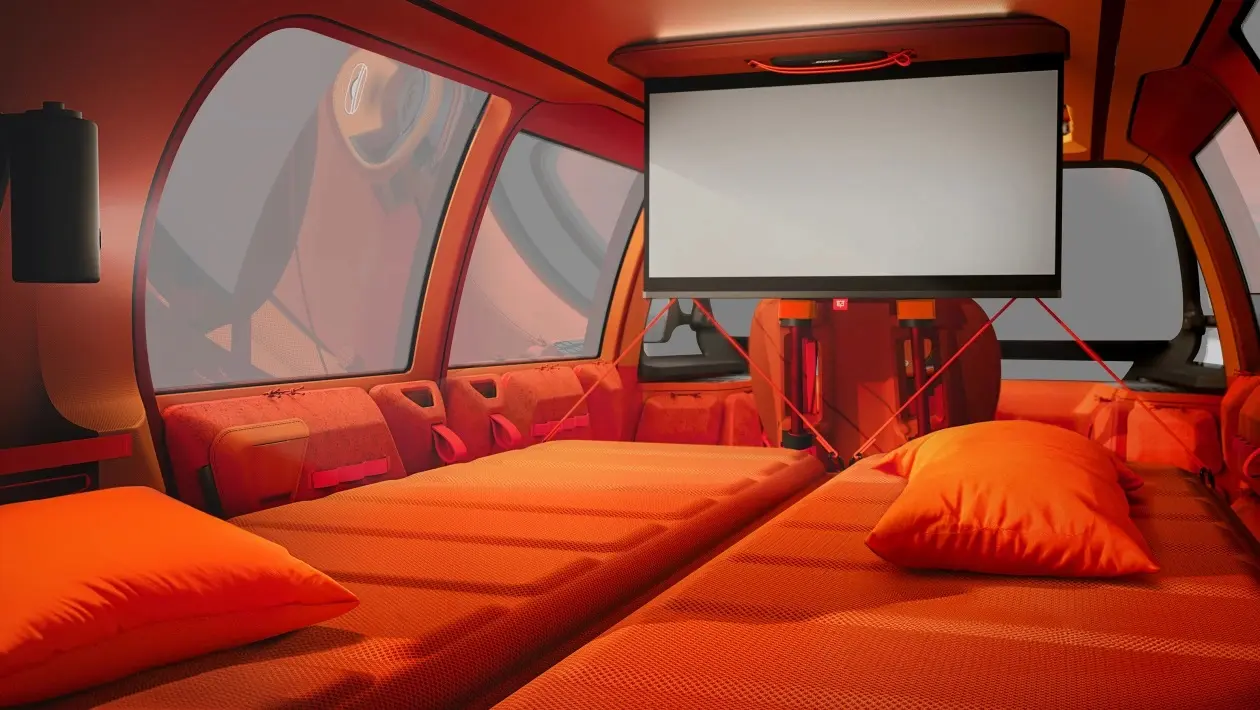 Cabine do Citroën ELO com tela de cinema