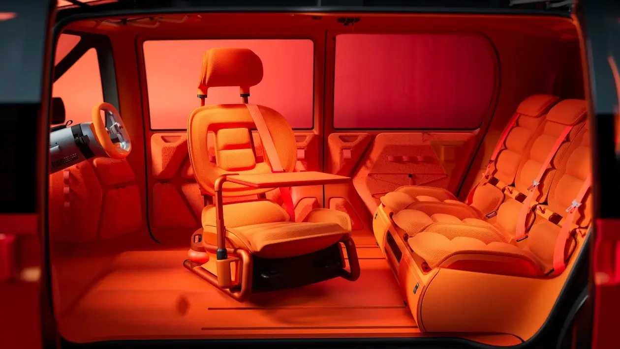 Interior do Citroën ELO com bancos alaranjados