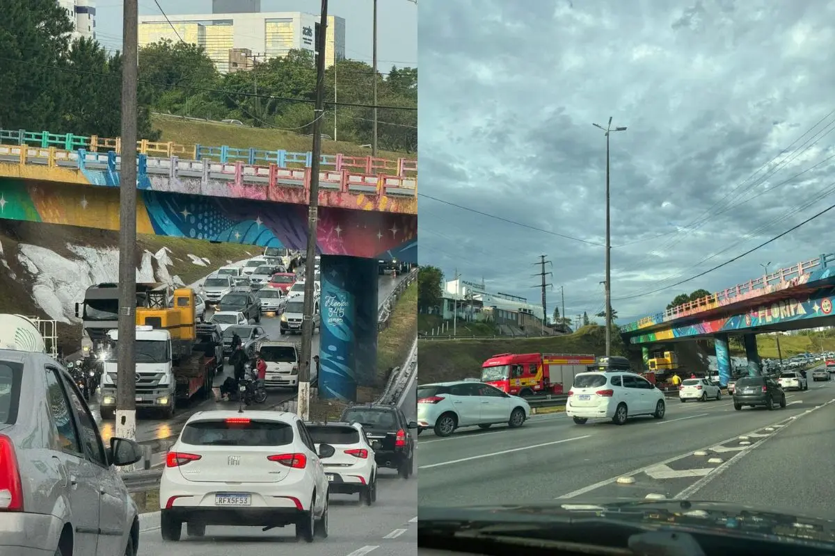 montagem com trânsito após acidente